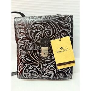 Patricia Nash ROSSANO Leather Crossbody Organizer Tooled BLACK TUSCAN RARE PURSE